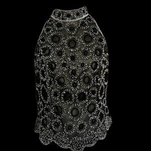 Black Silk beaded sleeveless top VTG Papell  Zip Up Back